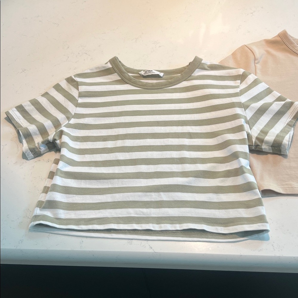 women’s Striped Green & White Short-Sleeve/ Tan, SET OF TWO, size L women’s
